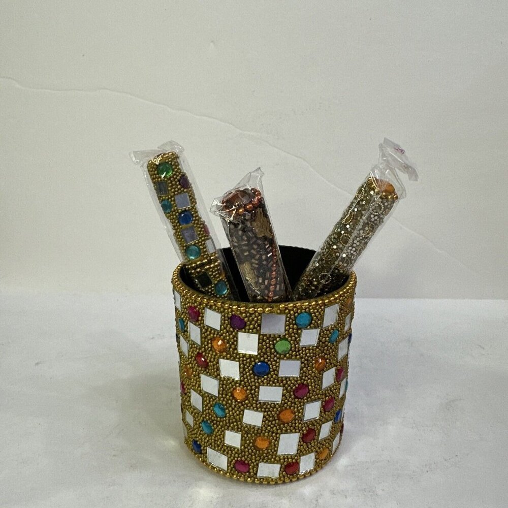Bedazzled Pen Set in mostly gold with ballpoint black ink pens and cup for pens